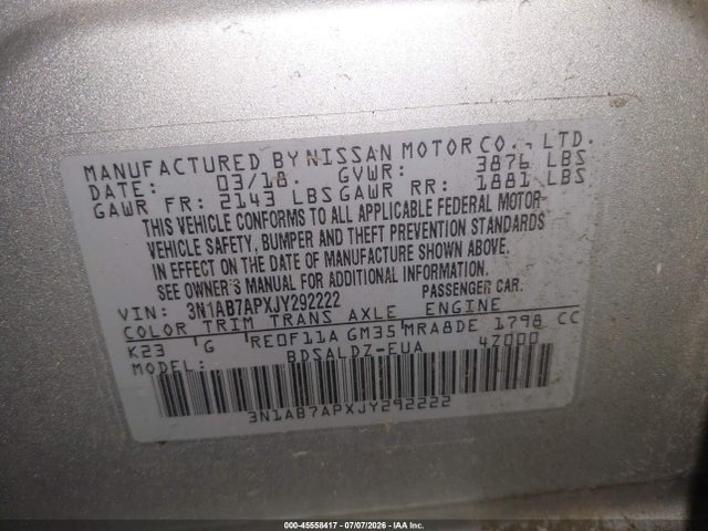 2018 Nissan Sentra Sv მანქანა იყიდება აუქციონზე, vin: 3N1AB7APXJY292222, აუქციონის ნომერი: 45558417