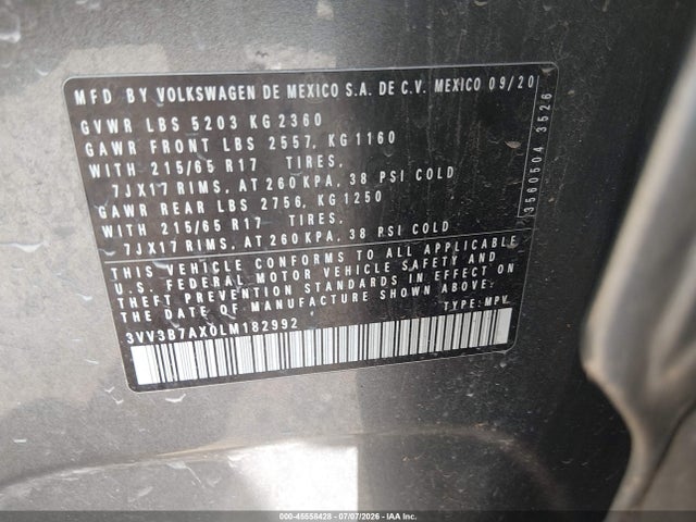 45558428 :رقم المزاد ، 3VV3B7AX0LM182992 vin ، 2020 Volkswagen Tiguan 2.0t Se/2.0t Se R-line Black/2.0t Sel مزاد بيع