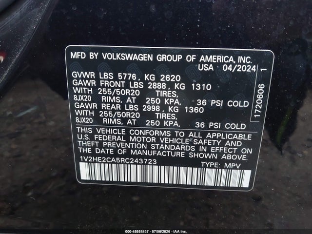 Продаж на аукціоні авто 2024 Volkswagen Atlas Cross Sport 2.0t Se W/technology, vin: 1V2HE2CA5RC243723, номер лоту: 45558437