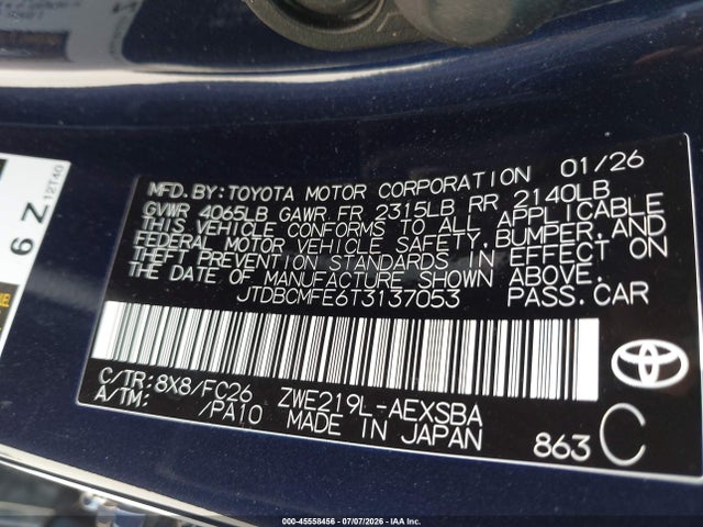 JTDBCMFE6T3137053 Toyota Corolla Hybrid Hybrid Se