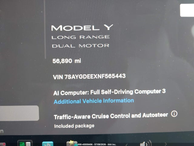Продаж на аукціоні авто 2022 Tesla Model Y Long Range Dual Motor All-wheel Drive, vin: 7SAYGDEEXNF565443, номер лоту: 45558486