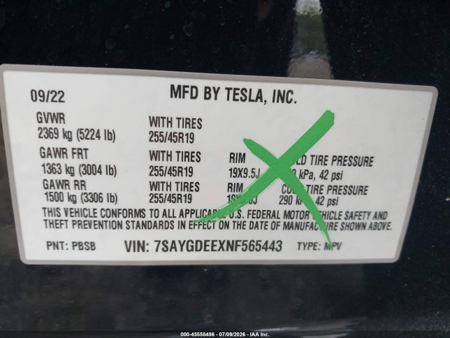 Продаж на аукціоні авто 2022 Tesla Model Y Long Range Dual Motor All-wheel Drive, vin: 7SAYGDEEXNF565443, номер лоту: 45558486