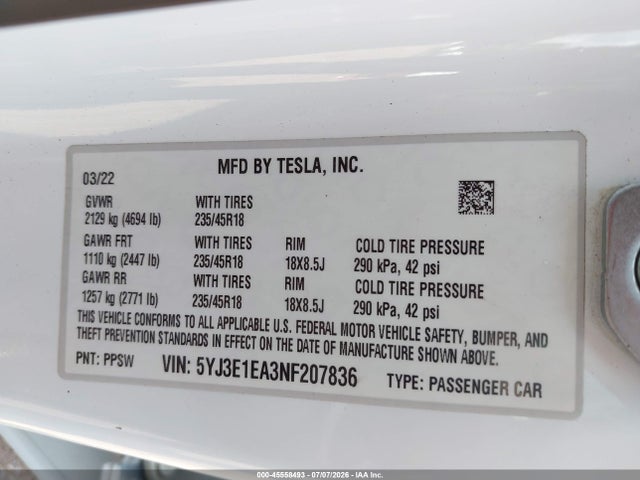 Tesla Model 3 Rear-wheel Drive 2022 5YJ3E1EA3NF207836 Image 9