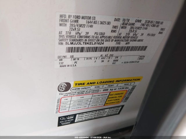 Aukcja sprzedaży 2019 Lincoln Navigator L Reserve, vin: 5LMJJ3LT8KEL01624, numer aukcji: 45558494