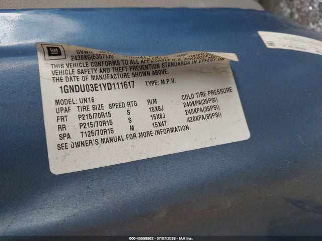 45558502 :رقم المزاد ، 1GNDU03E1YD111617 vin ، 2000 Chevrolet Venture Plus مزاد بيع