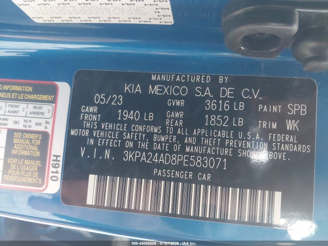 Продажа на аукционе авто 2023 Kia Rio S, vin: 3KPA24AD8PE583071, номер лота: 45558506