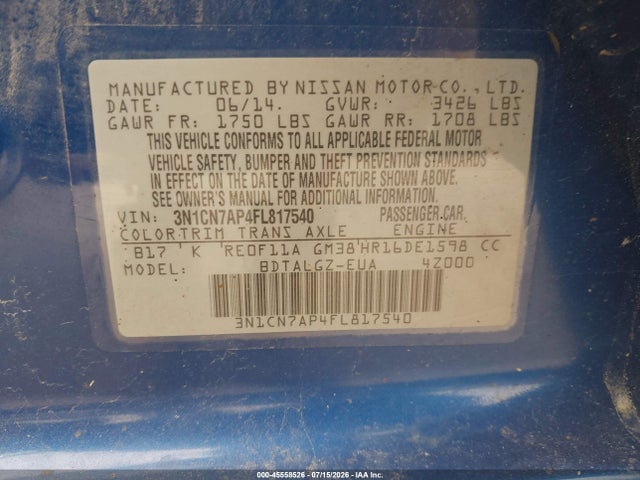 45558526 :رقم المزاد ، 3N1CN7AP4FL817540 vin ، 2015 Nissan Versa 1.6 Sl مزاد بيع