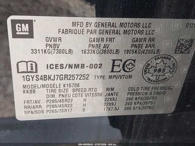 Aukcja sprzedaży 2016 Cadillac Escalade Luxury Collection, vin: 1GYS4BKJ7GR257252, numer aukcji: 45558542