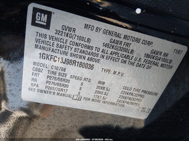 2008 Gmc Yukon Slt მანქანა იყიდება აუქციონზე, vin: 1GKFC13J98R180036, აუქციონის ნომერი: 45558562