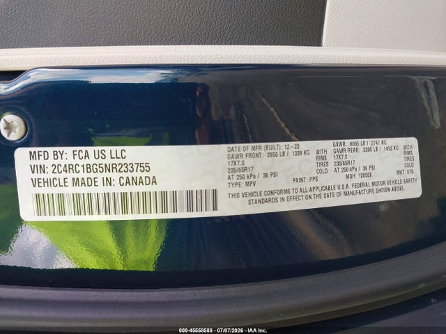 2022 Chrysler Pacifica Touring L მანქანა იყიდება აუქციონზე, vin: 2C4RC1BG5NR233755, აუქციონის ნომერი: 45558588
