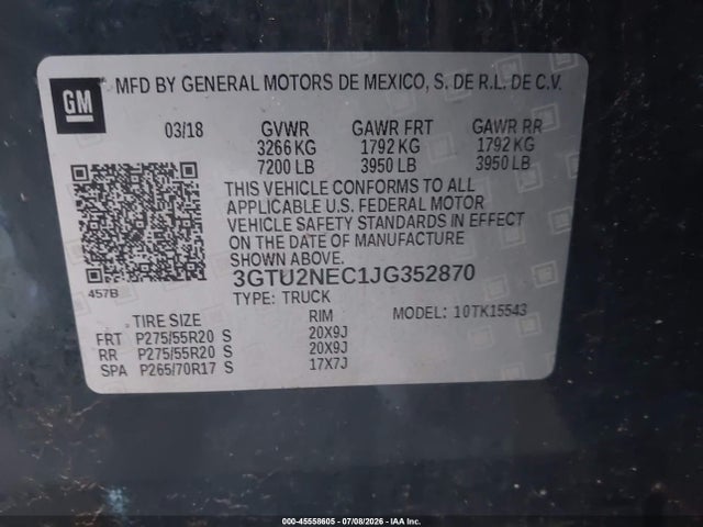 2018 Gmc Sierra 1500 Slt მანქანა იყიდება აუქციონზე, vin: 3GTU2NEC1JG352870, აუქციონის ნომერი: 45558605
