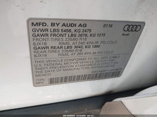 Aukcja sprzedaży 2018 Audi Q5 2.0t Premium/2.0t Tech Premium, vin: WA1ANAFY1J2130572, numer aukcji: 45558608