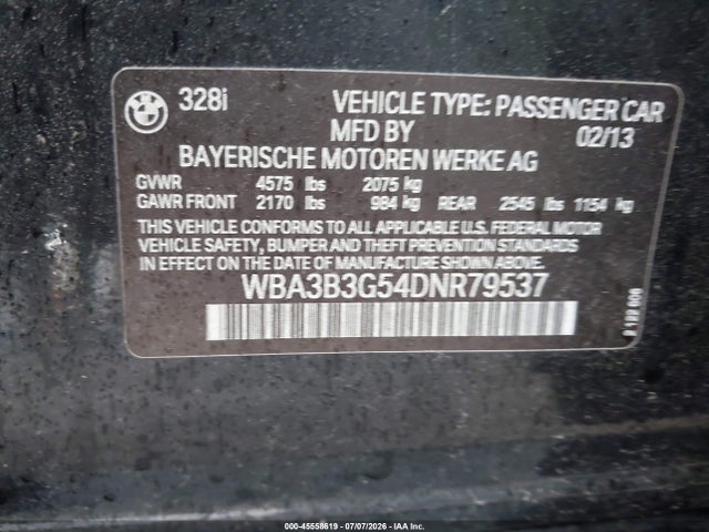 2013 Bmw 328i Xdrive მანქანა იყიდება აუქციონზე, vin: WBA3B3G54DNR79537, აუქციონის ნომერი: 45558619