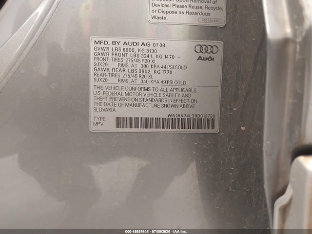 45558638 :رقم المزاد ، WA1AV74L39D012730 vin ، 2009 Audi Q7 4.2 Prestige مزاد بيع