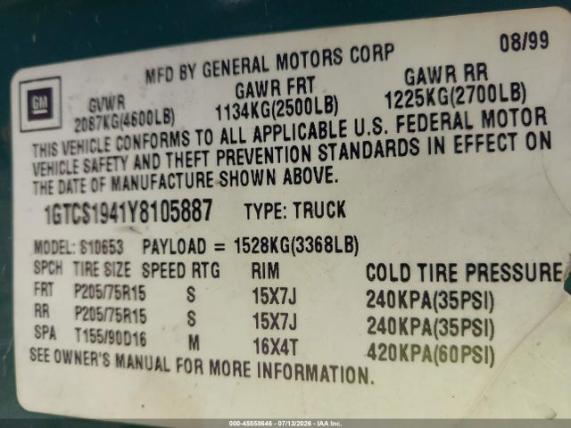 Aukcja sprzedaży 2000 Gmc Sonoma Sls, vin: 1GTCS1941Y8105887, numer aukcji: 45558646