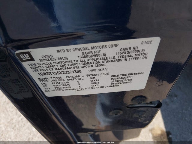 2002 Chevrolet Trailblazer Ls მანქანა იყიდება აუქციონზე, vin: 1GNDT13SX22371368, აუქციონის ნომერი: 45558649