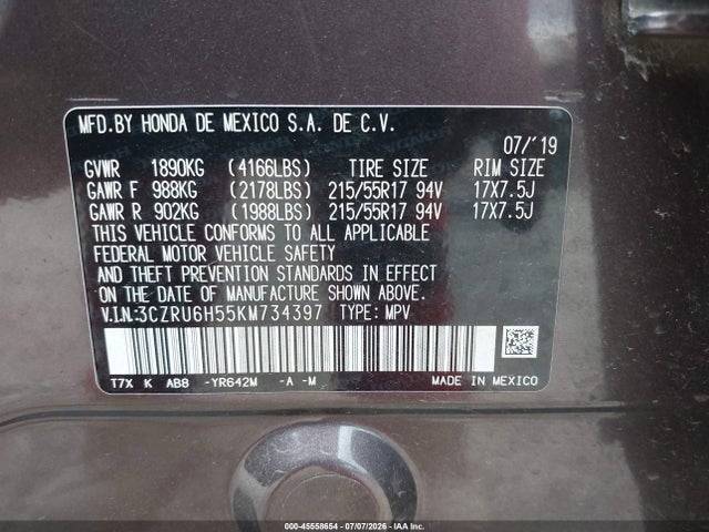 Продажа на аукционе авто 2019 Honda Hr-v Ex, vin: 3CZRU6H55KM734397, номер лота: 45558654