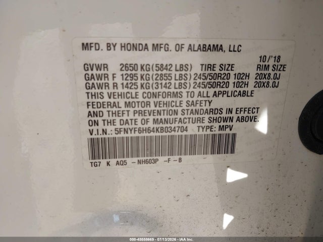 Продаж на аукціоні авто 2019 Honda Pilot Touring, vin: 5FNYF6H64KB034704, номер лоту: 45558669