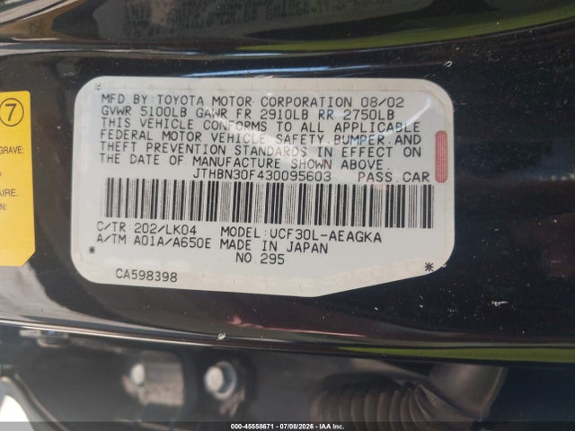 45558671 :رقم المزاد ، JTHBN30F430095603 vin ، 2003 Lexus Ls 430 مزاد بيع