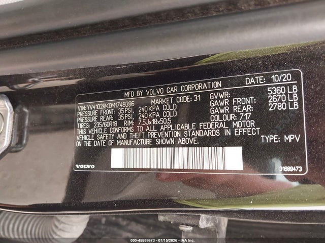 45558673 :رقم المزاد ، YV4102RK0M1749396 vin ، 2021 Volvo Xc60 T5 Momentum مزاد بيع