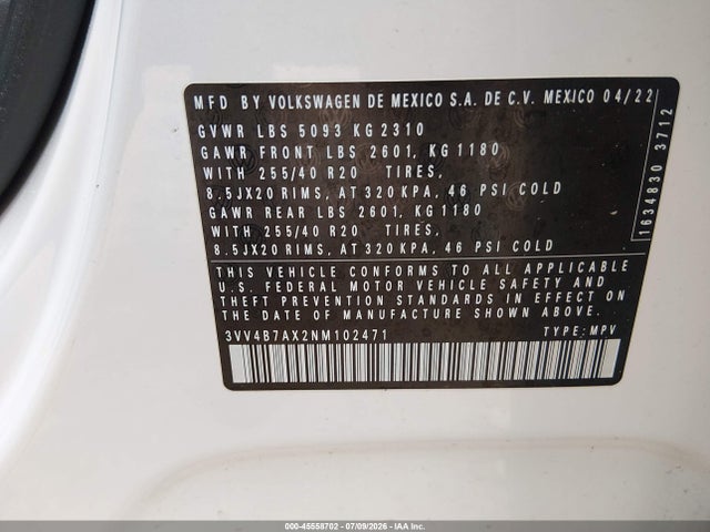 2022 Volkswagen Tiguan 2.0t Sel R-line მანქანა იყიდება აუქციონზე, vin: 3VV4B7AX2NM102471, აუქციონის ნომერი: 45558702