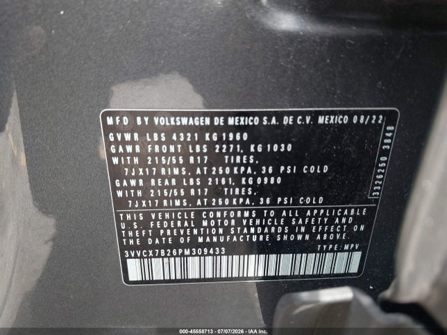 Aukcja sprzedaży 2023 Volkswagen Taos 1.5t S, vin: 3VVCX7B26PM309433, numer aukcji: 45558713