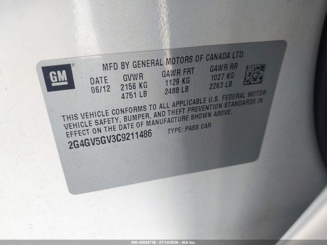 45558736 :رقم المزاد ، 2G4GV5GV3C9211486 vin ، 2012 Buick Regal Gs مزاد بيع