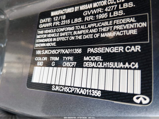 Продажа на аукционе авто 2019 Infiniti Qx30 Luxe, vin: SJKCH5CP7KA011356, номер лота: 45558755