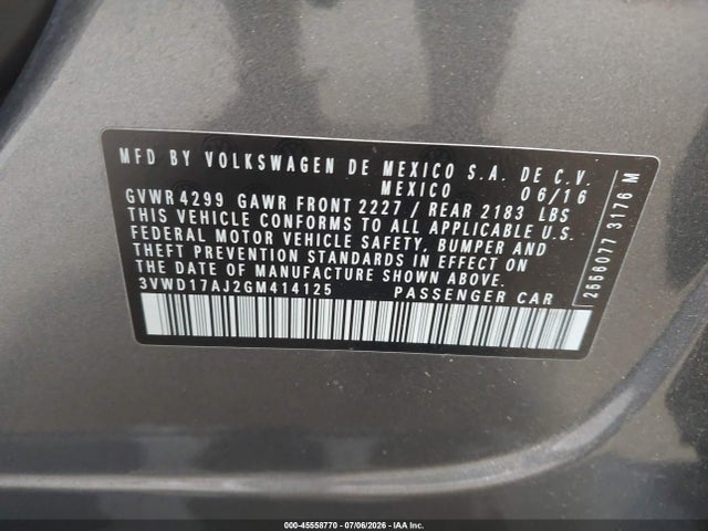 Продаж на аукціоні авто 2016 Volkswagen Jetta 1.8t Sport, vin: 3VWD17AJ2GM414125, номер лоту: 45558770