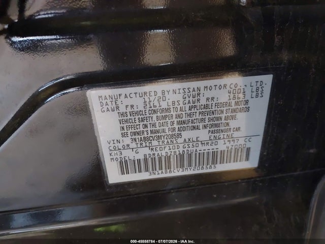 45558784 :رقم المزاد ، 3N1AB8CV3MY208585 vin ، 2021 Nissan Sentra Sv Xtronic Cvt مزاد بيع