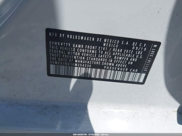 Aukcja sprzedaży 2019 Volkswagen Jetta 1.4t R-line/1.4t S/1.4t Se, vin: 3VWC57BU1KM254336, numer aukcji: 45558789