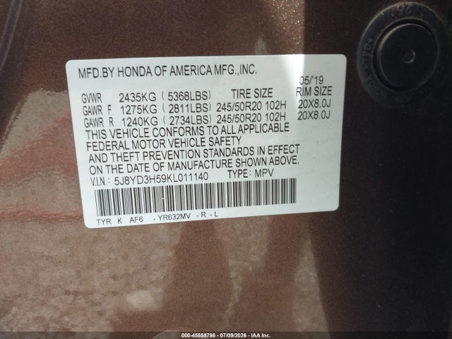 2019 Acura Mdx Tech Pkg მანქანა იყიდება აუქციონზე, vin: 5J8YD3H59KL011140, აუქციონის ნომერი: 45558798
