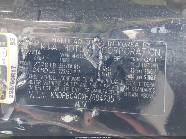 45558802 :رقم المزاد ، KNDPBCACXF7684235 vin ، 2015 Kia Sportage Lx مزاد بيع