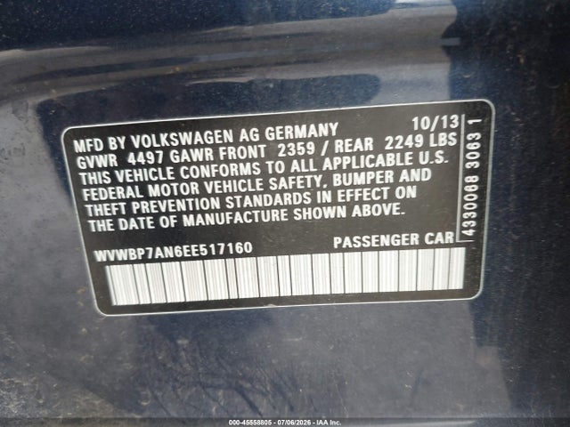 45558805 :رقم المزاد ، WVWBP7AN6EE517160 vin ، 2014 Volkswagen Cc 2.0t Sport مزاد بيع