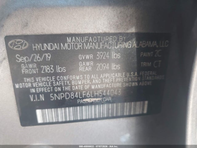 45558822 :رقم المزاد ، 5NPD84LF6LH544043 vin ، 2020 Hyundai Elantra Value Edition مزاد بيع