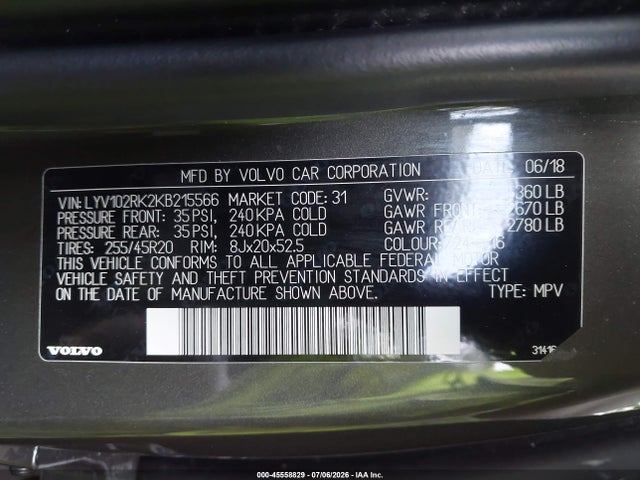 Aukcja sprzedaży 2019 Volvo Xc60 T5 Momentum, vin: LYV102RK2KB215566, numer aukcji: 45558829
