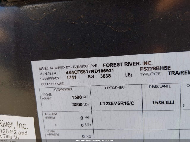 45558835 :رقم المزاد ، 4X4CFS617ND186931 vin ، 2022 Flagstaff Other مزاد بيع