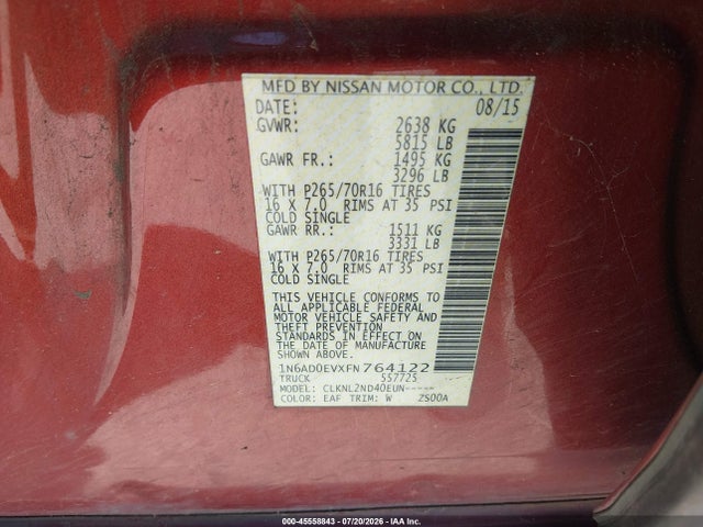 Nissan Frontier Sv 2015 1N6AD0EVXFN764122 Image 9