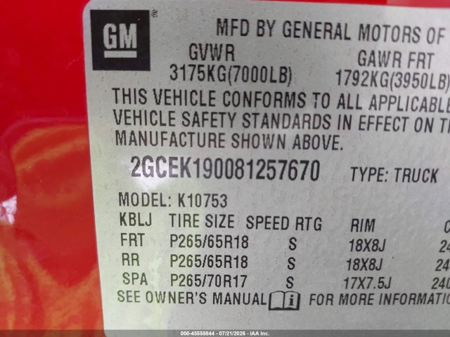 Aukcja sprzedaży 2008 Chevrolet Silverado 1500 Lt2, vin: 2GCEK190081257670, numer aukcji: 45558844