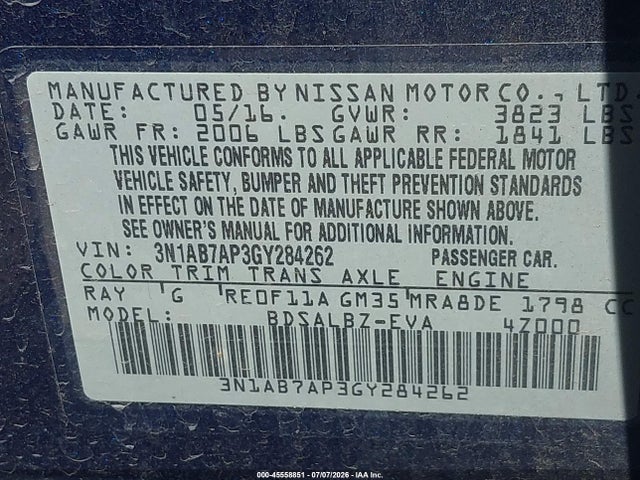 2016 Nissan Sentra S მანქანა იყიდება აუქციონზე, vin: 3N1AB7AP3GY284262, აუქციონის ნომერი: 45558851