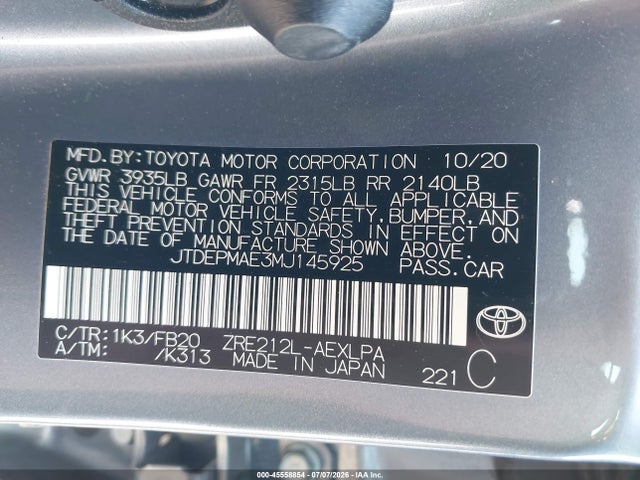 2021 Toyota Corolla Le მანქანა იყიდება აუქციონზე, vin: JTDEPMAE3MJ145925, აუქციონის ნომერი: 45558854