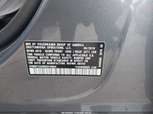 Продаж на аукціоні авто 2017 Volkswagen Passat 1.8t Se, vin: 1VWBT7A33HC010904, номер лоту: 45558855