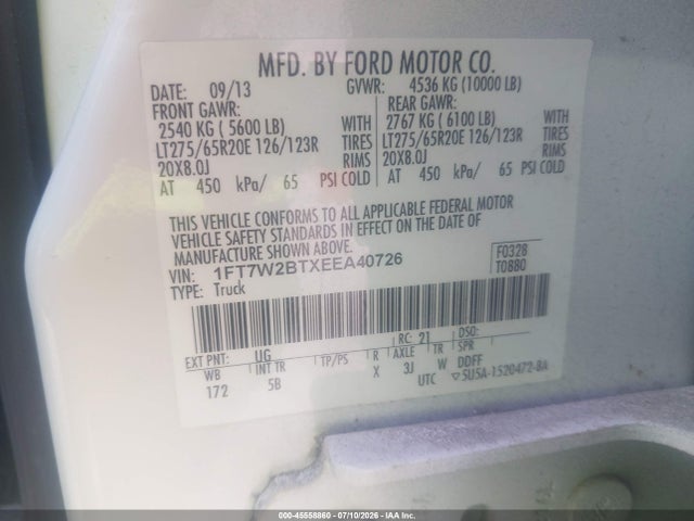 Aukcja sprzedaży 2014 Ford F-250 Lariat/xl/xlt, vin: 1FT7W2BTXEEA40726, numer aukcji: 45558860