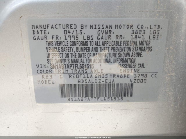 Продажа на аукционе авто 2015 Nissan Sentra Fe+ S/s/sl/sr/sv, vin: 3N1AB7AP7FL651515, номер лота: 45558882