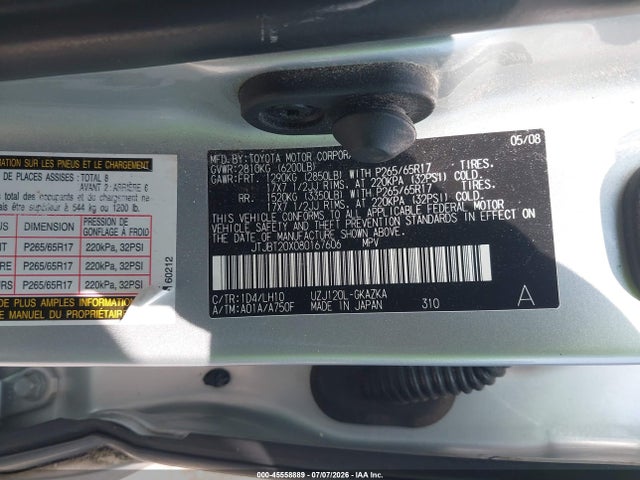 2008 Lexus Gx 470 მანქანა იყიდება აუქციონზე, vin: JTJBT20X080167606, აუქციონის ნომერი: 45558889