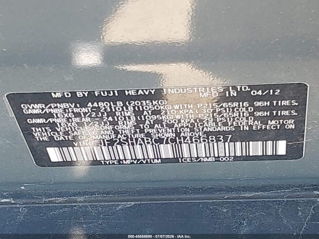 Aukcja sprzedaży 2012 Subaru Forester 2.5x, vin: JF2SHABC7CH466837, numer aukcji: 45558890
