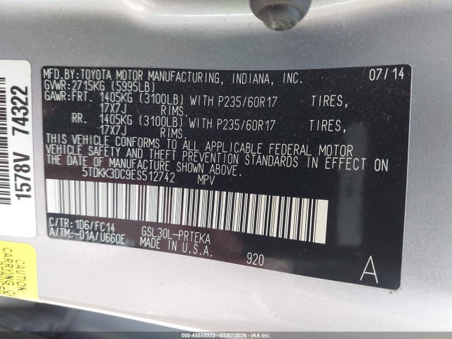 5TDKK3DC9ES512742 Toyota Sienna Le V6 8 Passenger