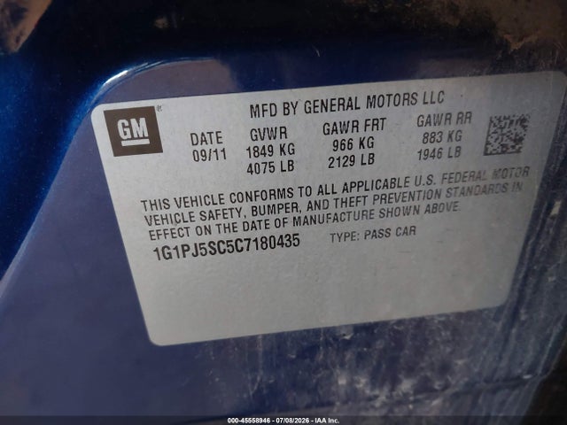Продажа на аукционе авто 2012 Chevrolet Cruze Eco, vin: 1G1PJ5SC5C7180435, номер лота: 45558946