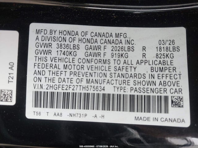 Auction sale of the 2026 Honda Civic Lx, vin: 2HGFE2F27TH575634, lot number: 45558960