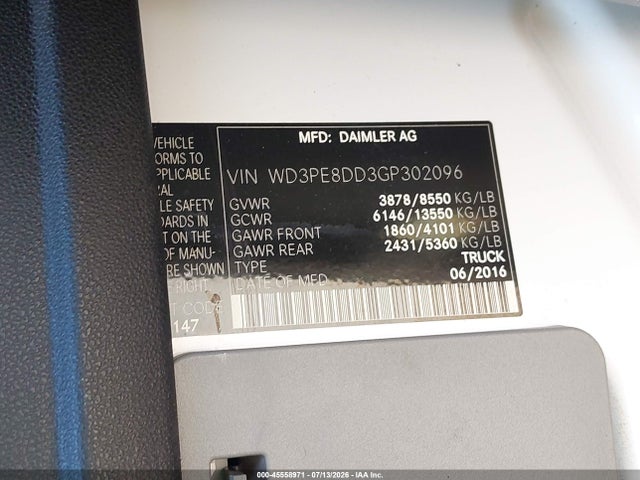 Продаж на аукціоні авто 2016 Mercedes-benz Sprinter 2500 High Roof, vin: WD3PE8DD3GP302096, номер лоту: 45558971